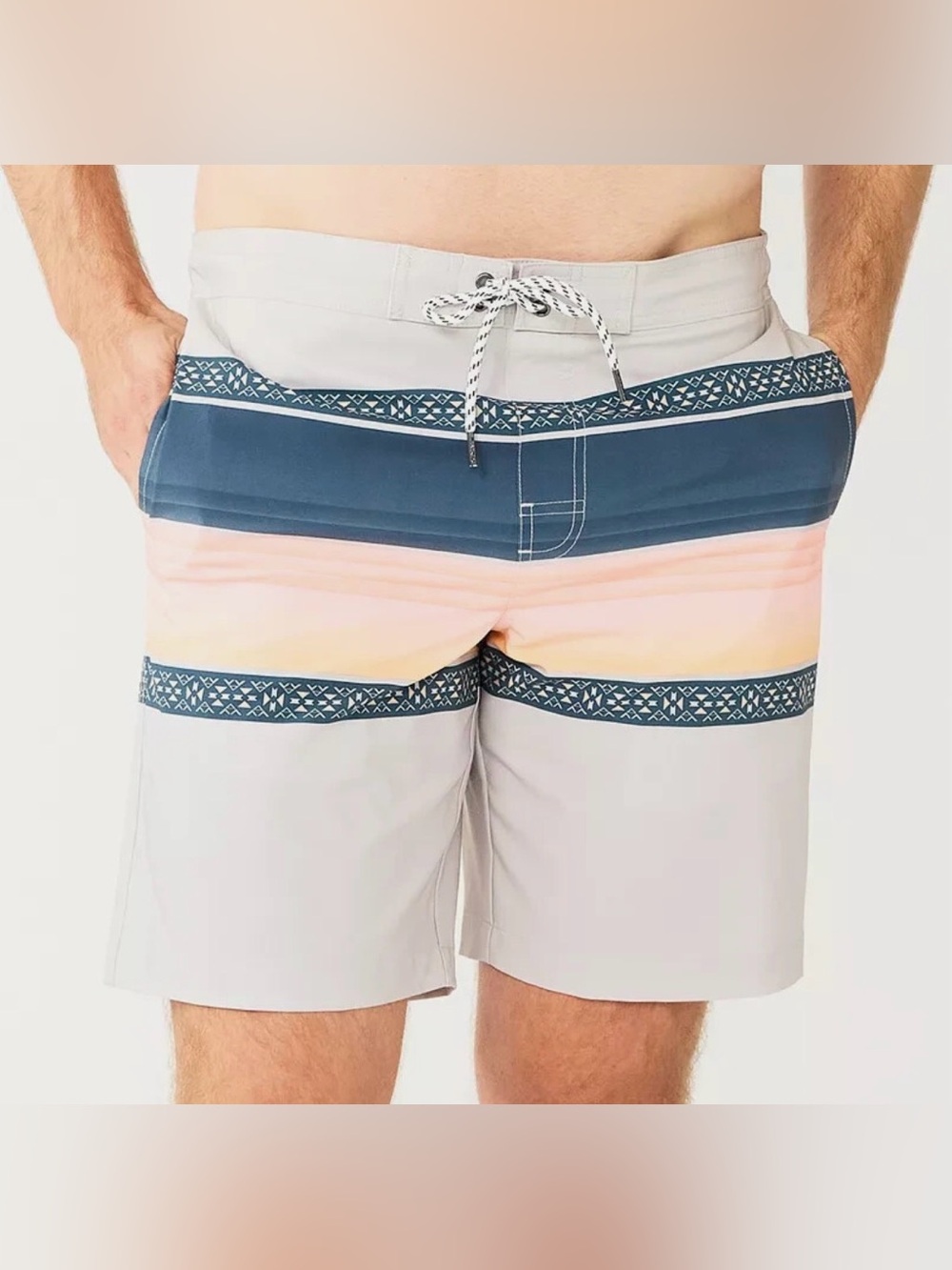 NWT Sonoma Gray Board Shorts with Navy and Sunset Stripes XL